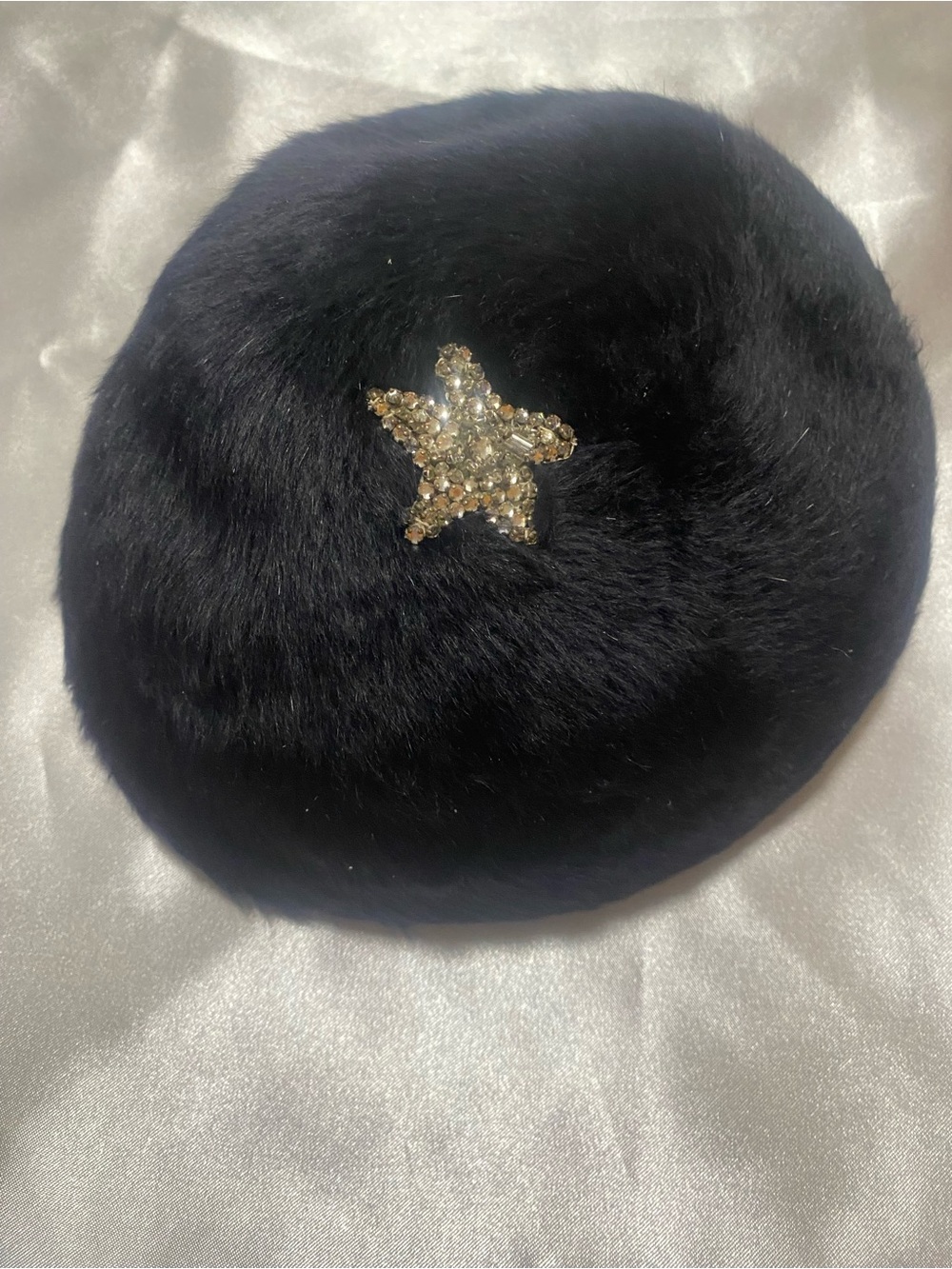 Black Faux Fur (maybe real fur?)Beret with Rhinestone Star
